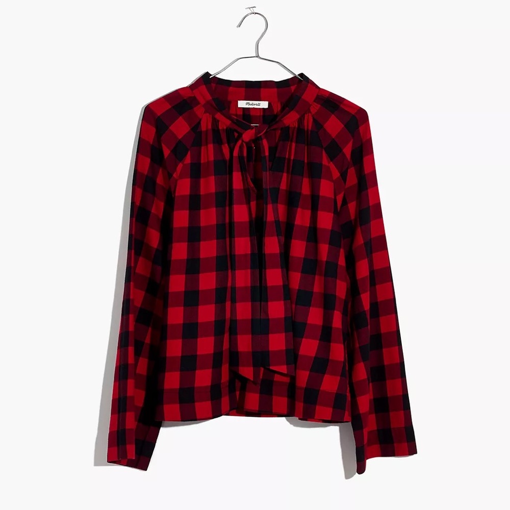 Madewell Tie-Neck Popover Shirt in Buffalo Check size medium - Picture 2 of 6